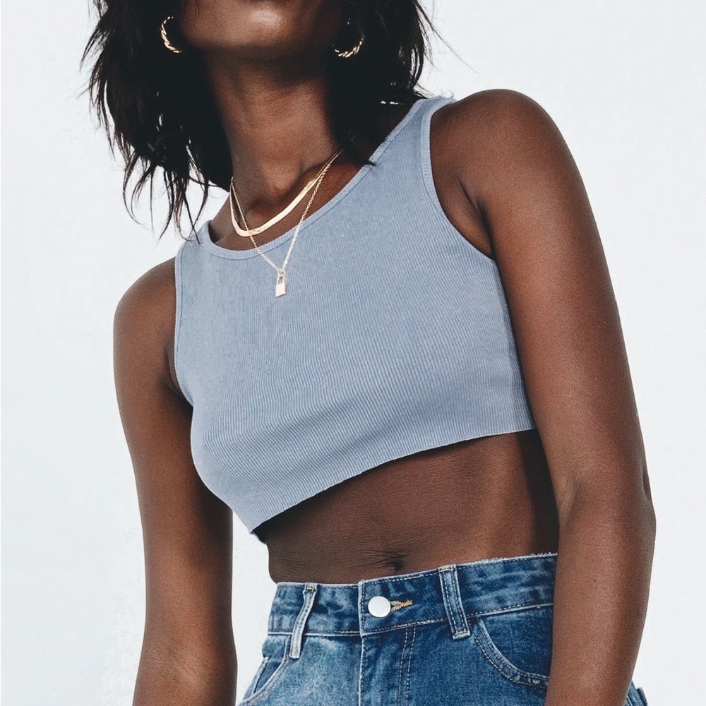 Princess Polly blue ribbed cropped tank top